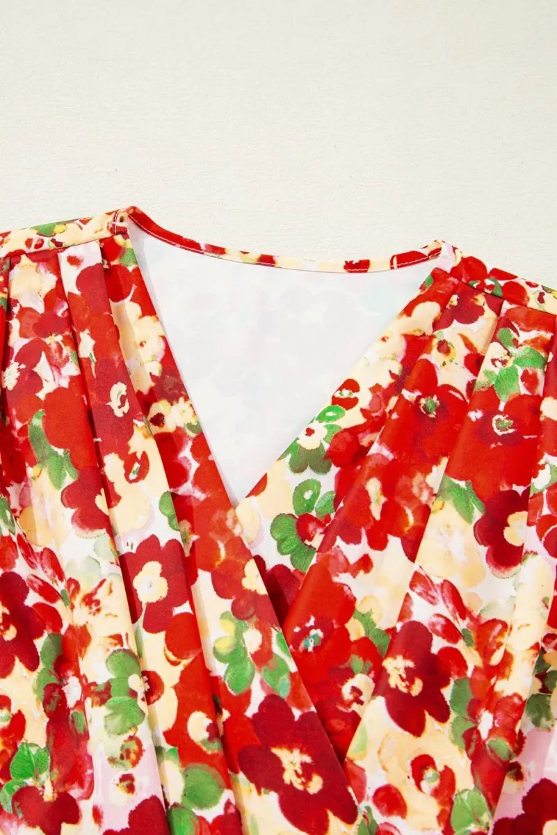 Red Floral Bubble Sleeve Pleated V Neck Wrap Blouse for Women - Love Salve